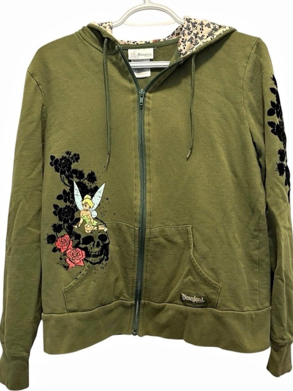 Y2K Disneyland Resort Tinker Bell Skull Floral Zip Hoodie Green Large Vintage St